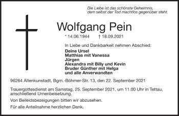 Traueranzeige von Wolfgang Pein von Neue Presse Coburg