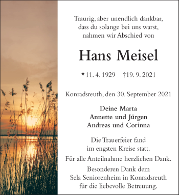 Traueranzeige von Hans Meisel von Frankenpost