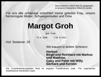 Traueranzeige von Margot Groh von Frankenpost