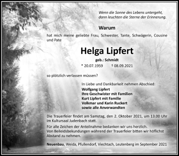 Traueranzeige von Helga Lipfert von Südthüringer Presse
