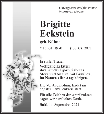 Traueranzeige von Brigitte Eckstein von Südthüringer Presse