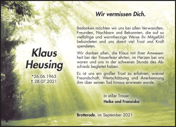 Traueranzeige von Klaus Rolf Heusing von Südthüringer Presse