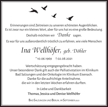 Traueranzeige von Ina Wellhöfer von Südthüringer Presse