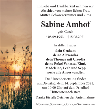 Traueranzeige von Sabine Amhof von Südthüringer Presse