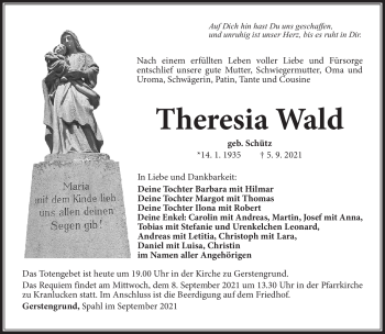 Traueranzeige von Theresia Wald von Südthüringer Presse