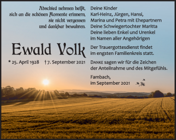 Traueranzeige von Ewald Volk von Südthüringer Presse