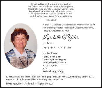 Traueranzeige von Lieselotte Nößler von Südthüringer Presse