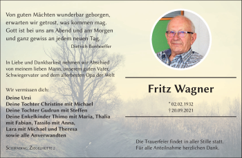 Traueranzeige von Fritz Wagner von Frankenpost