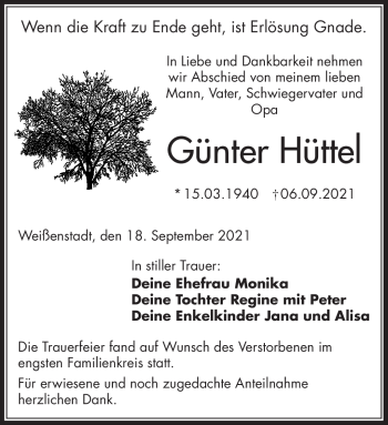 Traueranzeige von Günter Hüttel von Frankenpost