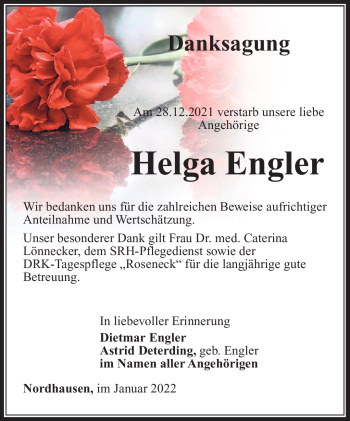 Traueranzeige von Helga Engler von Südthüringer Presse