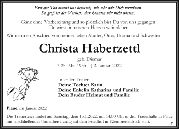 Traueranzeige von Christa Haberzettl von Südthüringer Presse