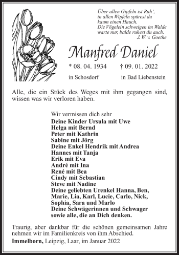 Traueranzeige von Manfred Daniel von Südthüringer Presse