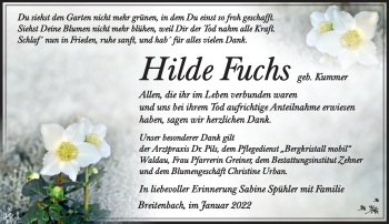Traueranzeige von Hilde Fuchs von Südthüringer Presse