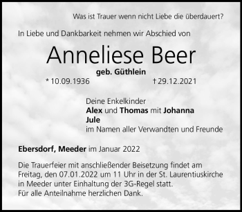 Traueranzeige von Anneliese Beer von Neue Presse Coburg