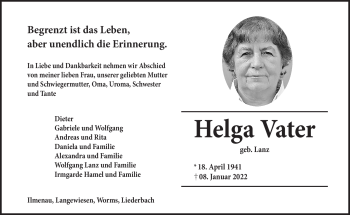 Traueranzeige von Helga Vater von Südthüringer Presse