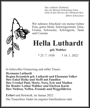 Traueranzeige von Hella Luthardt von Südthüringer Presse