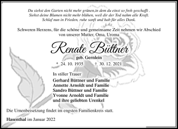 Traueranzeige von Renate Büttner von Südthüringer Presse