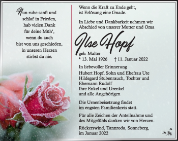 Traueranzeige von Ilse Hopf von Südthüringer Presse