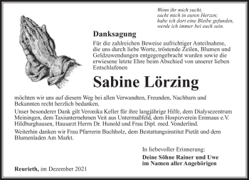 Traueranzeige von Sabine Lörzing von Südthüringer Presse
