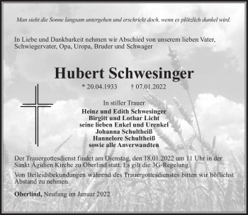 Traueranzeige von Hubert Schwesinger von Südthüringer Presse