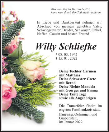 Traueranzeige von Willy Schliefke von Südthüringer Presse