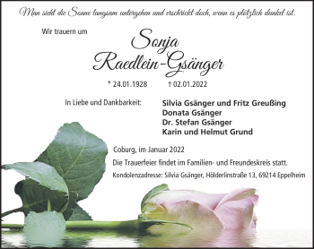 Traueranzeige von Sonja Rädlein-Gsänger von Neue Presse Coburg