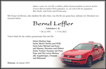 Traueranzeige von Bernd Leffler von Südthüringer Presse