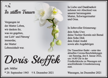 Traueranzeige von Doris Steffek von Südthüringer Presse
