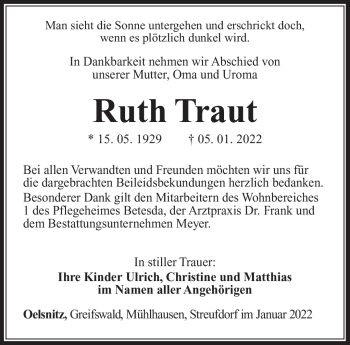 Traueranzeige von Ruth Traut von Südthüringer Presse