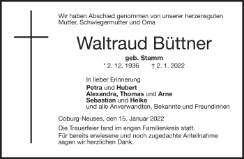 Traueranzeige von Waltraud Büttner von Neue Presse Coburg