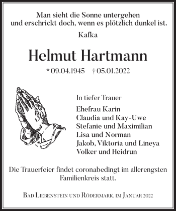 Traueranzeige von Helmut Hartmann von Südthüringer Presse