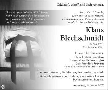 Traueranzeige von Klaus Blechschmidt von Südthüringer Presse