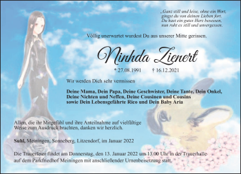 Traueranzeige von Ninhda Zienert von Südthüringer Presse