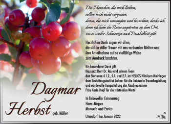 Traueranzeige von Dagmar Herbst von Südthüringer Presse