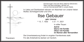 Traueranzeige von Ilse Gebauer von Frankenpost