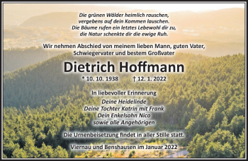 Traueranzeige von Dietrich Hoffmann von Südthüringer Presse