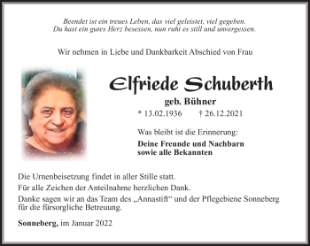 Traueranzeige von Elfriede Schuberth von Südthüringer Presse