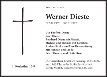 Traueranzeige von Werner Dieste von Südthüringer Presse