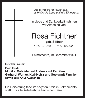 Traueranzeige von Rosa Fichtner von Frankenpost