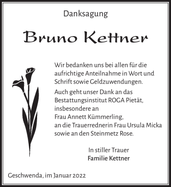 Traueranzeige von Bruno Kettner von Südthüringer Presse