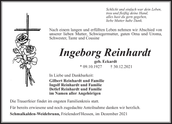 Traueranzeige von Ingeborg Reinhardt von Südthüringer Presse