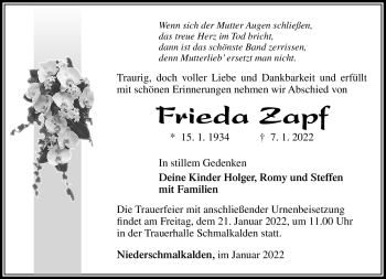 Traueranzeige von Frieda Zapf von Südthüringer Presse