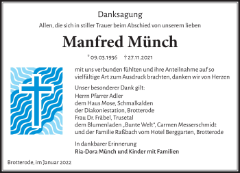 Traueranzeige von Manfred Münch von Südthüringer Presse