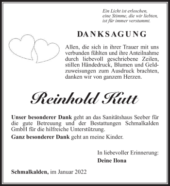 Traueranzeige von Reinhold Kutt von Südthüringer Presse