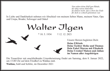 Traueranzeige von Walter Ilgen von Südthüringer Presse