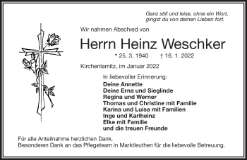 Traueranzeige von Heinz Weschker von Frankenpost