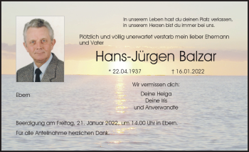 Traueranzeige von Hans-Jürgen Balzar von Neue Presse Coburg