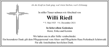 Traueranzeige von Willi Riedl von Frankenpost