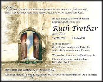 Traueranzeige von Ruth Tretbar von Südthüringer Presse