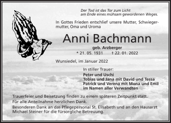Traueranzeige von Anni Bachmann von Frankenpost